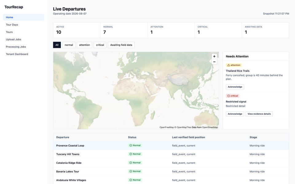 Live Departures dashboard: KPI summary, world map, Needs Attention rail, and the departure table
