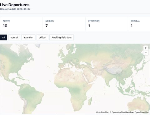 World map with status KPIs: 10 active, 7 normal, 1 attention, 1 critical, 1 awaiting data