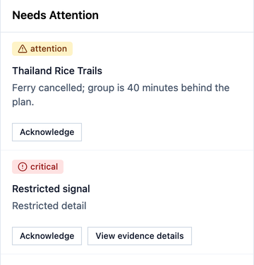 Needs Attention rail: an attention signal for Thailand Rice Trails (ferry cancelled, 40 minutes behind plan) and a critical restricted signal